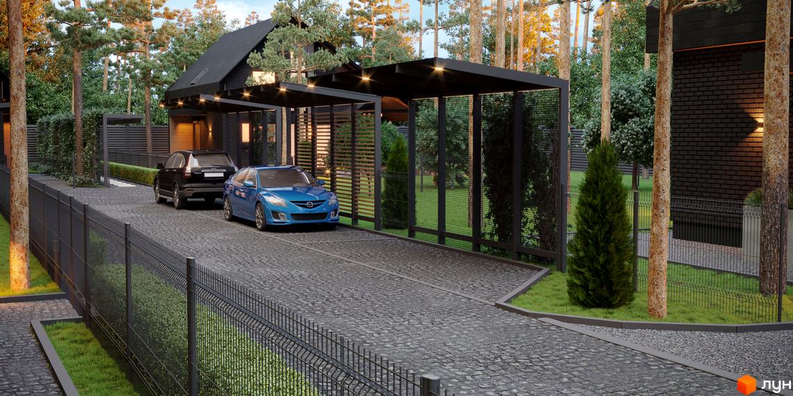 Котеджне містечко Green Lake: фасад будинку з темної цегли, критий паркінг для двох авто та доріжка з бруківки серед дерев.