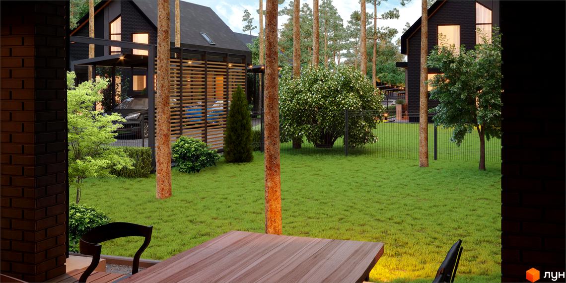 Вигляд на будинки Котеджного містечка Green Lake з темними фасадами та великими вікнами. Територія має доглянутий газон, сосни та зелені насадження.