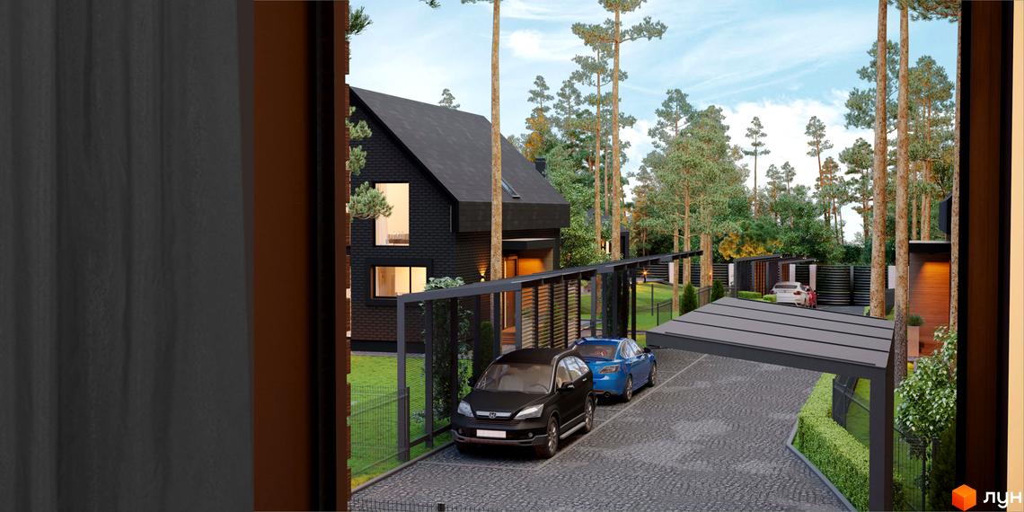 Зображення будинку в Котеджному містечку Green Lake: чорний будинок з темним дахом, оточений соснами, з брукованою доріжкою та навісом для авто.