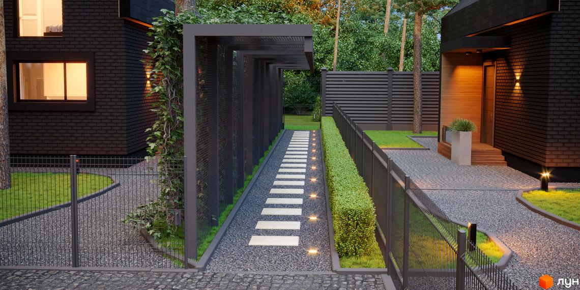 Будинки Котеджного містечка Green Lake з темним цегляним фасадом та дерев'яними елементами. Прибудинкова територія з доріжками, зеленими насадженнями та освітленням.