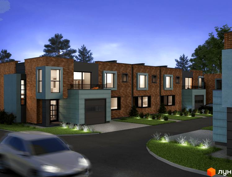 Таунхауси „Долішній“: ряд будинків з цегляними фасадами, темними елементами та інтегрованими гаражами. Прибудинкова територія з газонами та освітленням.