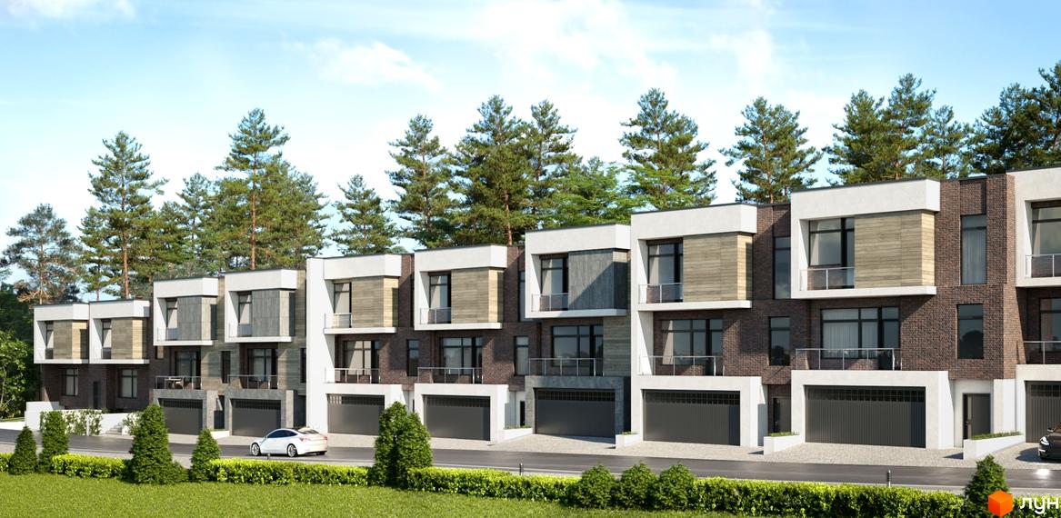 Котеджне містечко Пуща Residence. Сучасні таунхауси з цегляним фасадом, великими вікнами та гаражами. Прибудинкова територія з газоном та деревами.