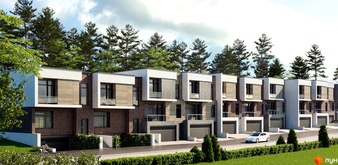 Котеджне містечко Пуща Residence: триповерхові будинки з цегляним фасадом, великими вікнами та гаражами. Навколо зелені дерева та доглянутий газон.