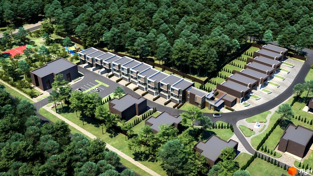Котеджне містечко Пуща Residence: сучасні таунхауси з сірими фасадами та білими дахами, розташовані серед зелених насаджень. Прибудинкова територія з парковкою та дитячим майданчиком.