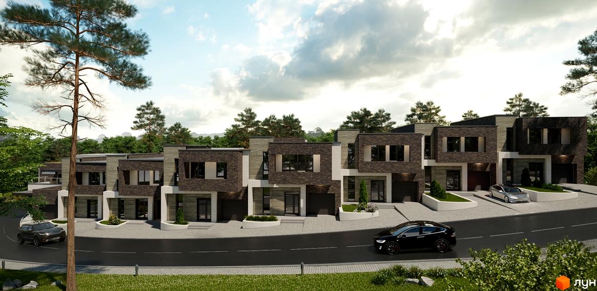 Котеджне містечко КМ Пуща Residence. Сучасні будинки з цегляним оздобленням фасадів, великими вікнами та індивідуальними гаражами. Прибудинкова територія з доглянутими газонами та деревами.