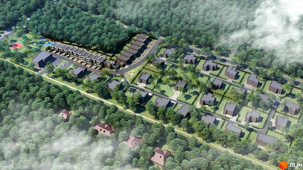 Котеджне містечко КМ Пуща Residence. Аерофотозйомка житлового комплексу з однотипними будинками та прибудинковою територією, оточений лісом.