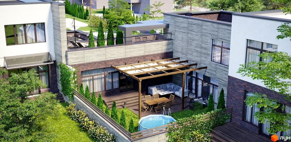 Котеджне містечко КМ Пуща Residence. Зовнішній вигляд будинку з терасою, зоною відпочинку та невеликим басейном. Прибудинкова територія з газоном та зеленими насадженнями.