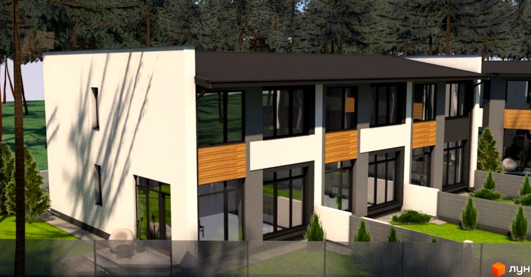 Таунхауси „Сосновий бір“ – це двоповерхові будинки з панорамними вікнами та дерев'яними елементами фасаду, розташовані на доглянутій прибудинковій території з газоном та туями.