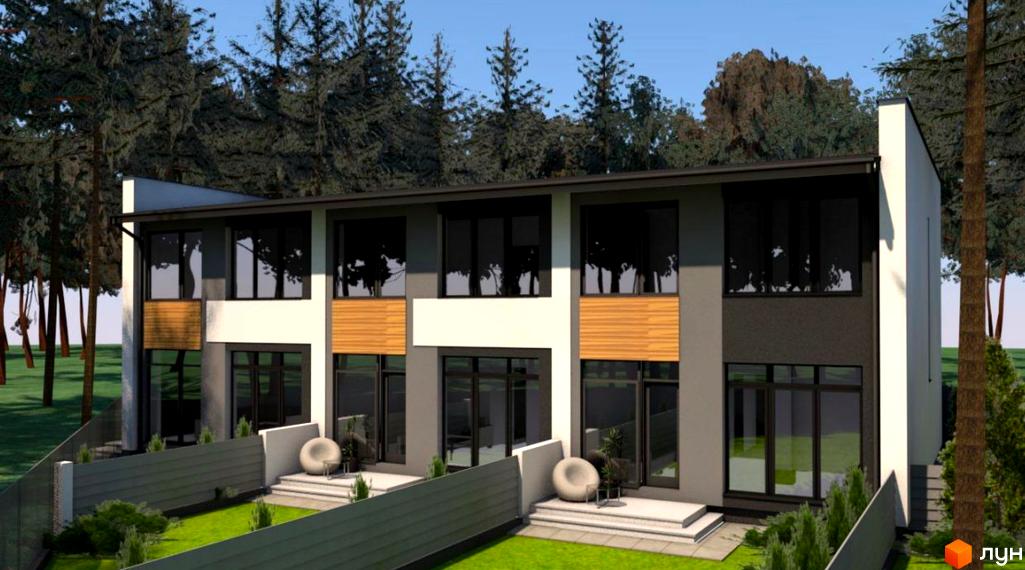 Таунхауси „Сосновий бір“: двоповерхові будинки з великими вікнами та дерев'яними елементами фасаду, розташовані серед сосен.