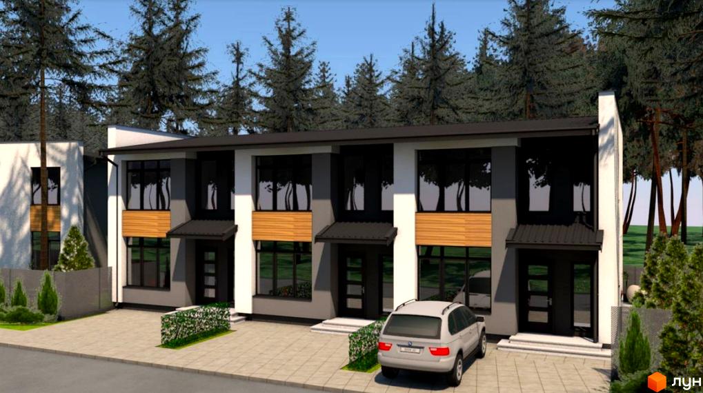 Таунхауси „Сосновий бір“ – це двоповерхові будинки з великими вікнами та індивідуальними входами, розташовані на брукованій прибудинковій території з зеленими насадженнями.