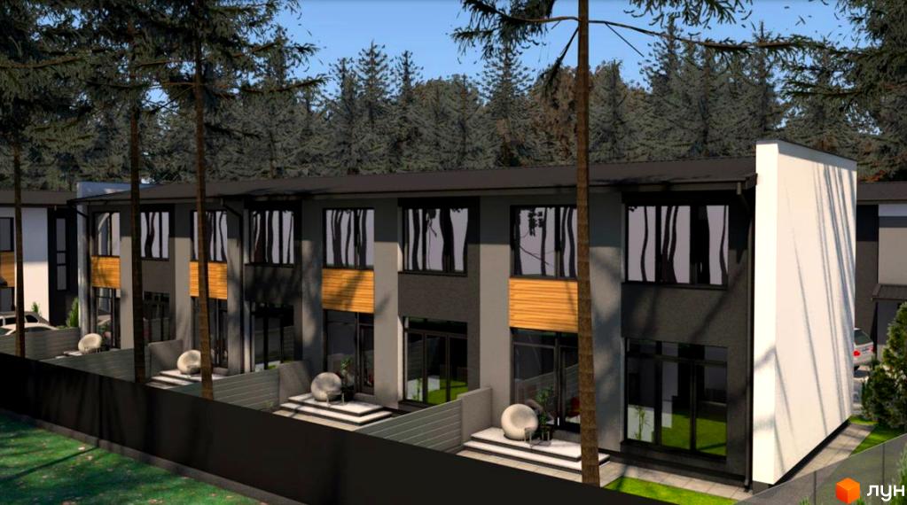 Таунхауси „Сосновий бір“: сучасні двоповерхові будинки з панорамними вікнами та індивідуальними терасами. Навколо зелена зона та дерева.
