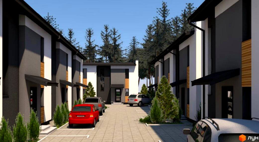 Житловий комплекс „Сосновий бір“: сучасні таунхауси з індивідуальними паркомісцями на тлі соснового лісу. Прибудинкова територія з доглянутими деревами та асфальтованими доріжками.