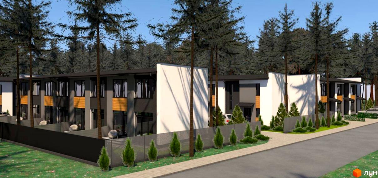 Таунхауси „Сосновий бір“ – це двоповерхові будинки з великими вікнами та дерев'яними елементами фасаду, розташовані серед соснового лісу. Територія комплексу огороджена, з доглянутими газонами та туями.