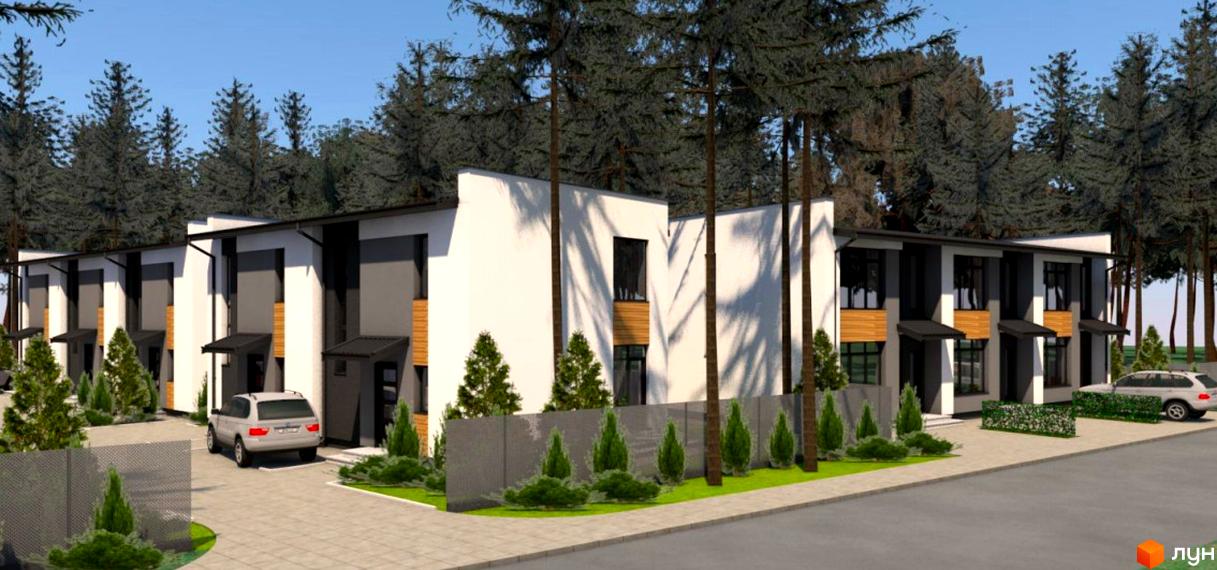 Таунхауси Сосновий бір: фасади будівель з білою та сірою обробкою, дерев'яними вставками, вікнами та навісами. Прибудинкова територія з парканом, газоном, деревами та автомобілем.