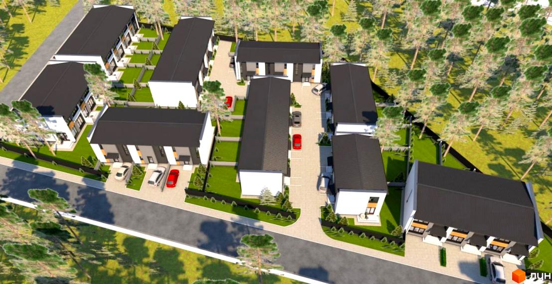 Таунхауси „Сосновий бір“ з темними дахами та біло-сірими фасадами, розташовані серед соснового лісу та зелених газонів.