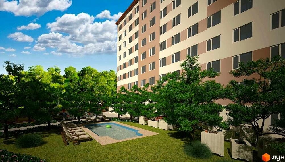 Фасад Житлового комплексу Будинок на Боровського бежево-коричневого кольору, поруч басейн та зелені дерева.