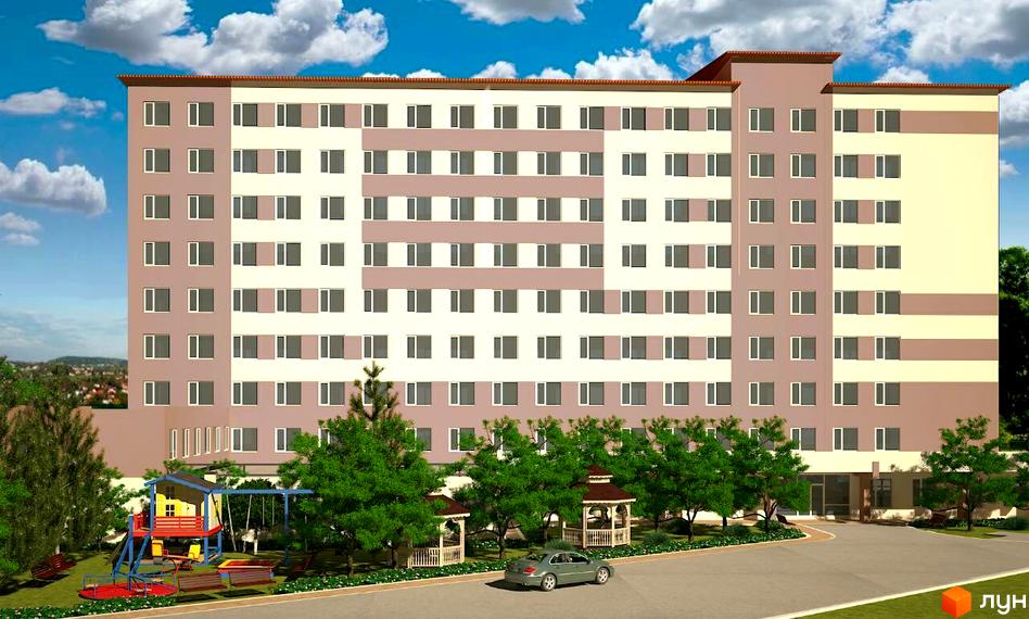 Житловий комплекс Будинок на Боровського: багатоповерховий будинок зі світлим фасадом та коричневими вставками. На прибудинковій території розташовані дитячий майданчик та альтанки.