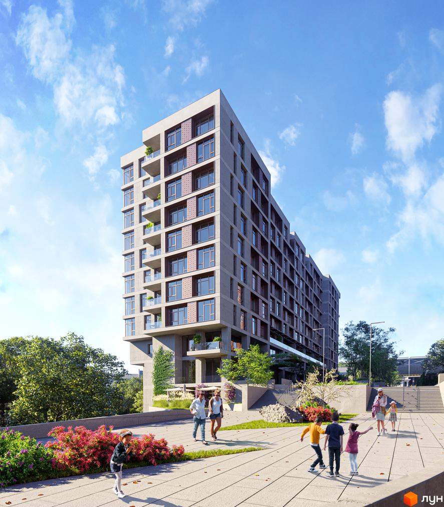 Клубний будинок К12 - це багатоповерхова новобудова з балконами та великими вікнами. Навколо будинку розташована доглянута прибудинкова територія з квітами та деревами.