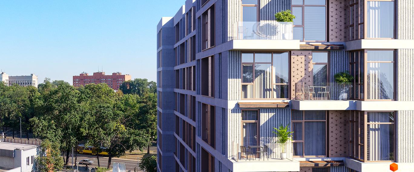 Клубний будинок К12 з балконами та великими вікнами, на тлі дерев та міських будівель.