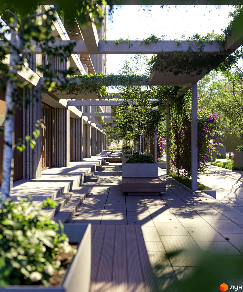 Клубний будинок К12 з перголами та зеленню. Територія комплексу з лавками та сходами.