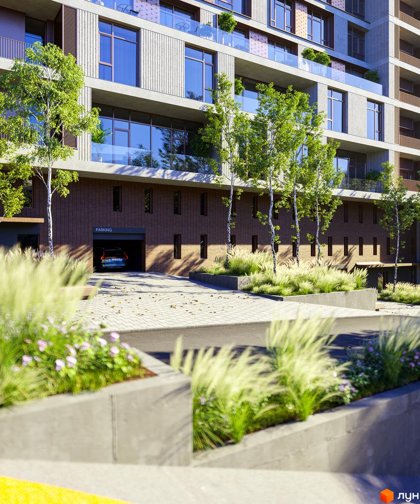 Клубний будинок К12 з цегляним фасадом та великими вікнами, прибудинкова територія з деревами та декоративними рослинами.