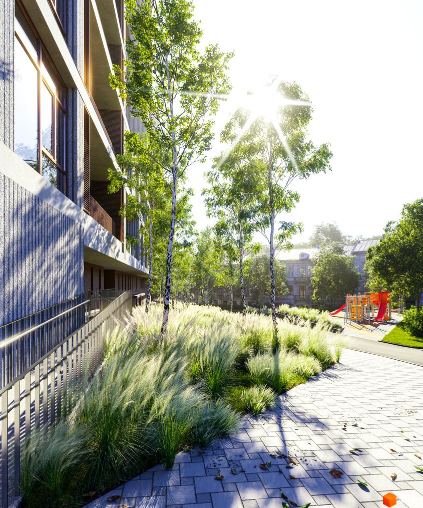 Клубний будинок К12 з фасадом з текстурованого каменю та дерев'яними елементами. На прибудинковій території розташовані зелені насадження та дитячий майданчик.