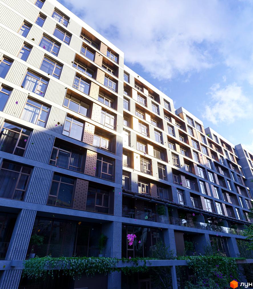 Клубний будинок К12 з фасадами з текстурованих панелей та великими вікнами, зелені тераси з рослинами на нижніх поверхах.