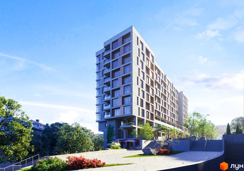 Клубний будинок К12 з багатоповерховими фасадами та скляними балконами, оточений зеленими деревами та квітучими кущами.