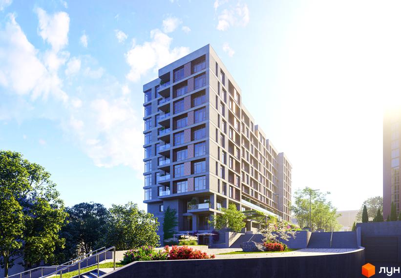 Клубний будинок К12 з сірим фасадом та скляними балконами, оточений деревами та квітами.