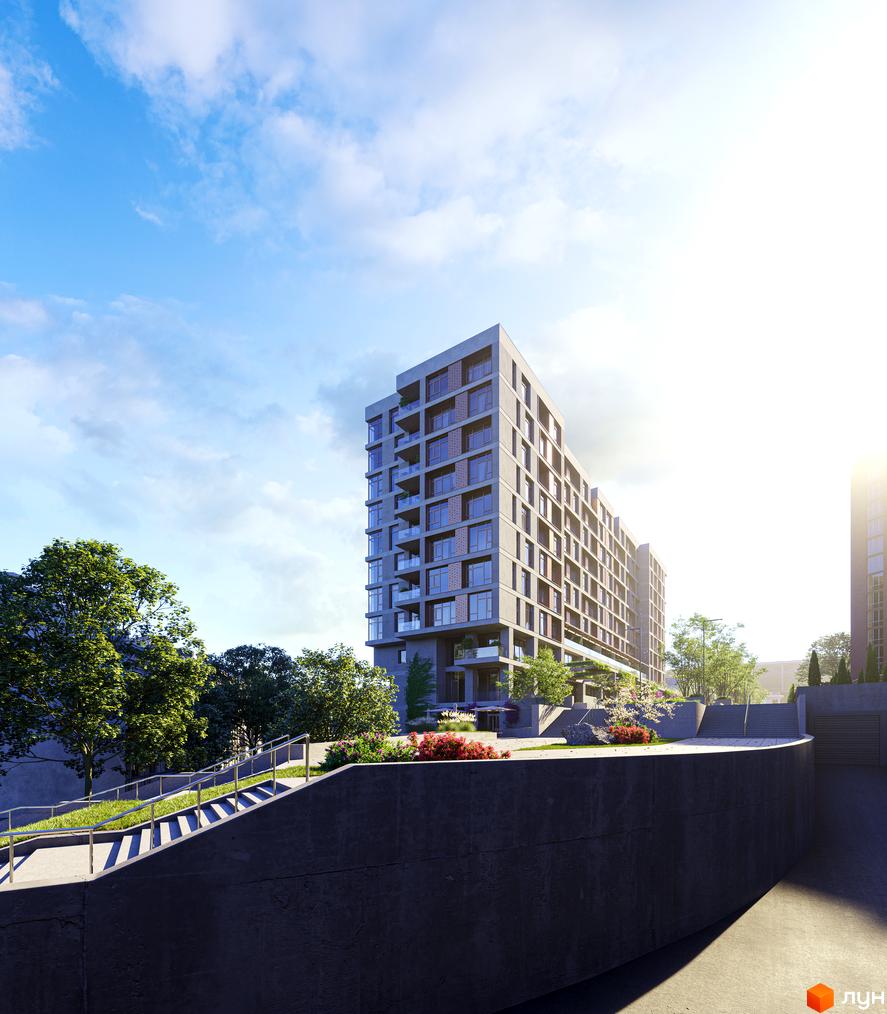 Клубний будинок К12 з багатою прибудинковою територією та зеленими насадженнями. Сучасна архітектура будівлі та доглянутий ландшафт.