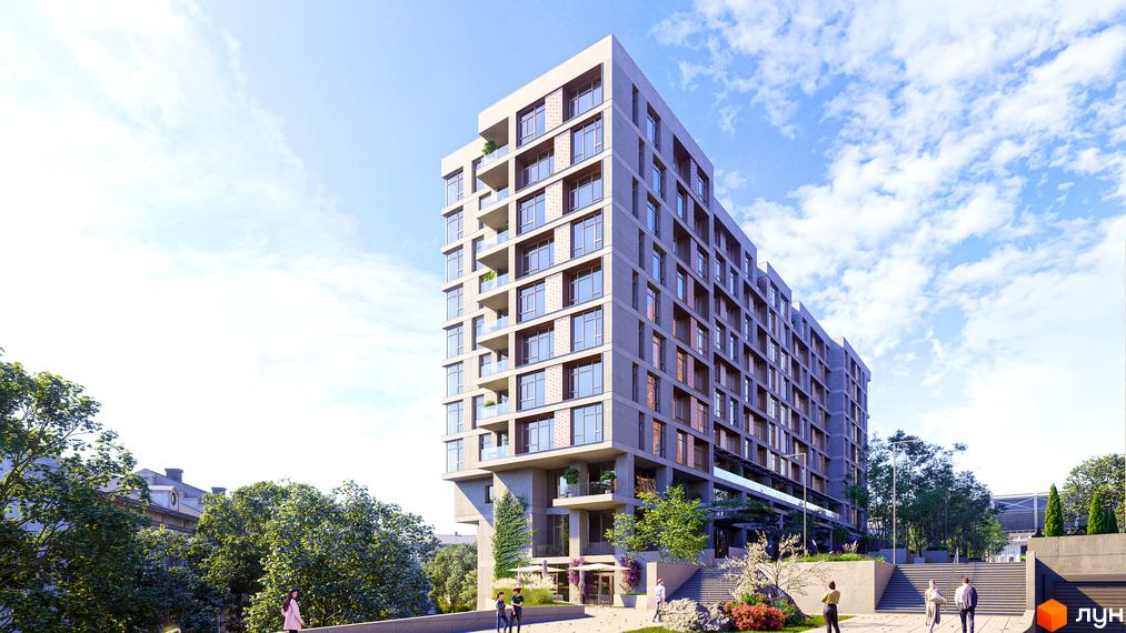 Клубний будинок К12 – це багатоповерхова новобудова з балконами та великими вікнами, розташована серед дерев та з пішохідними доріжками.