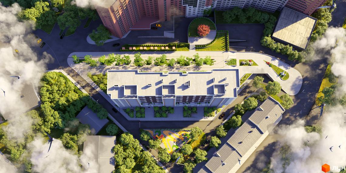 Вид зверху на клубний будинок К12 з багатою прибудинковою територією, що включає зелені зони та дитячий майданчик. Ознайомтеся з проєктом новобудови для вибору квартири.