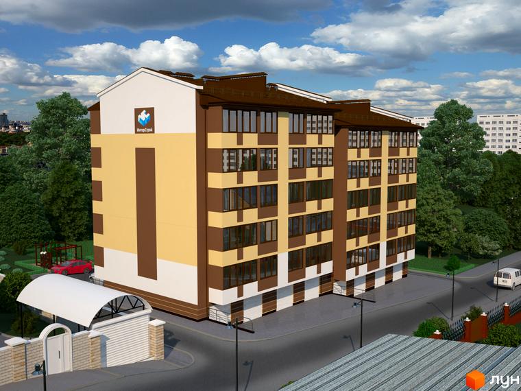 Житловий комплекс Будинок на Бестужева має світло-бежевий фасад з коричневими акцентами. На території є навіс для авто та дитячий майданчик.