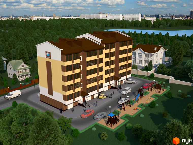 Житловий комплекс Будинок на Бестужева: триповерхова новобудова з жовто-бежевим фасадом та коричневим дахом. Поруч дитячий майданчик та зелена зона.