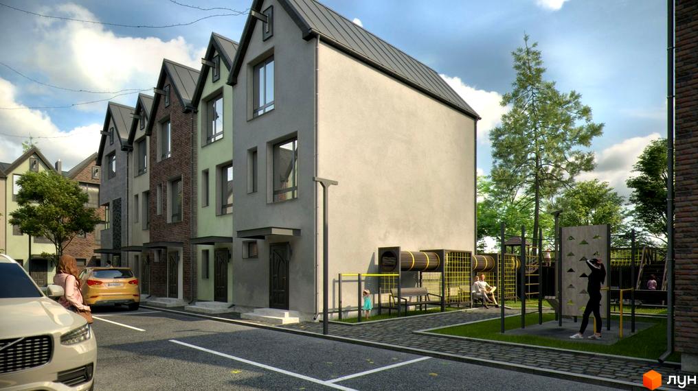 Таунхауси New Smart 11 - це двоповерхові будинки з сірим фасадом та цегляними елементами, розташовані біля дитячого майданчика з елементами для спорту.