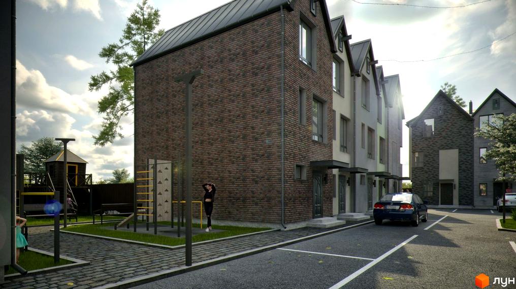 Таунхауси New Smart 11: цегляні та сірі фасади будинків з темними дахами, дитячий майданчик та парковка біля новобудови.