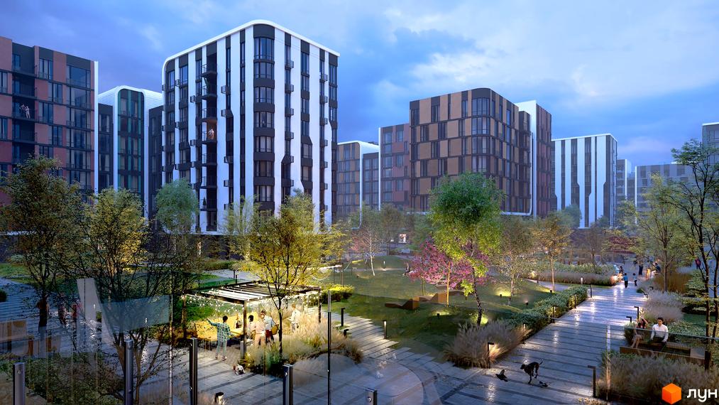 Житловий комплекс Respublika з багатоповерховими будинками та доглянутою прибудинковою територією з деревами, доріжками та освітленням.