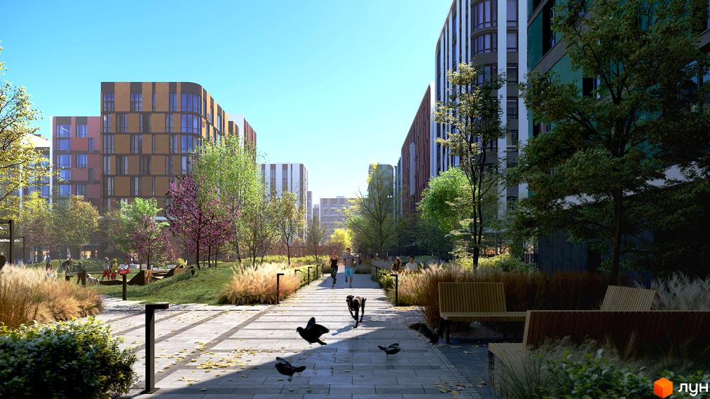 Житловий комплекс Respublika: багатоповерхові будинки з різнокольоровими фасадами. Прибудинкова територія з широкими доріжками, зеленими насадженнями та місцями для відпочинку.