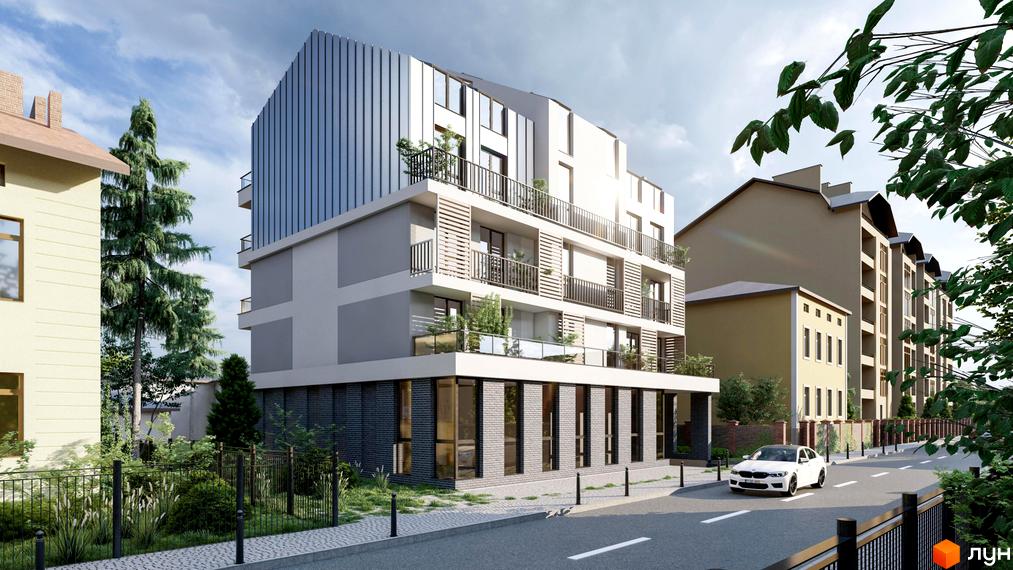 Житловий комплекс На Кондукторській: фасади будинку з балконами та вікнами, прибудинкова територія з деревами та дорогою.