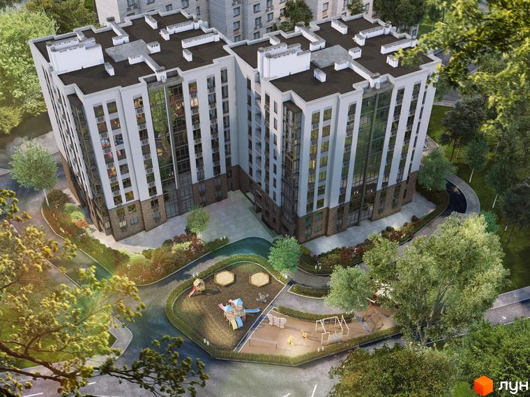 Житловий комплекс Sweet Home з білими фасадами та темними дахами. На прибудинковій території розташований дитячий майданчик та зелені насадження.