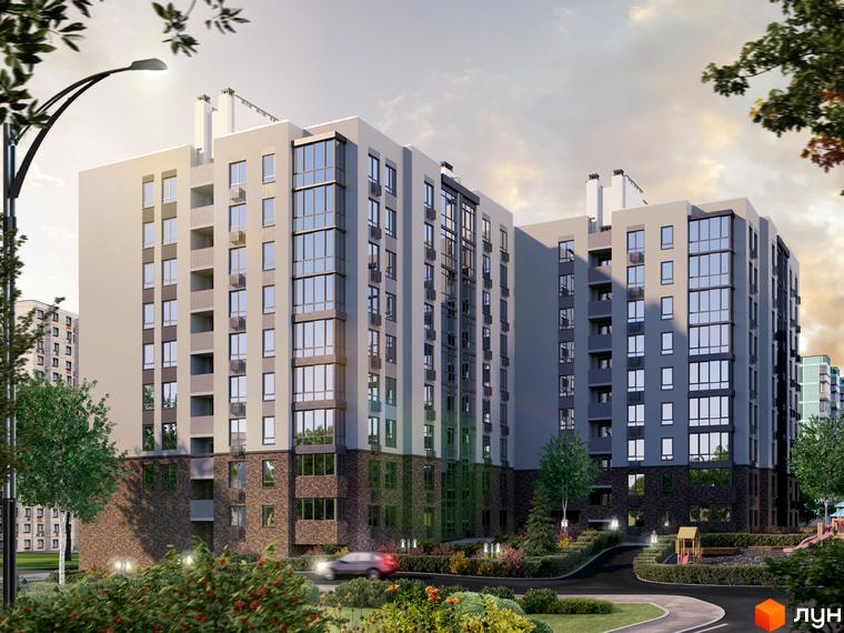 Зовнішній вигляд новобудови ЖК Sweet Home з цегляним оздобленням цоколя та просторою прибудинковою територією з дитячим майданчиком.