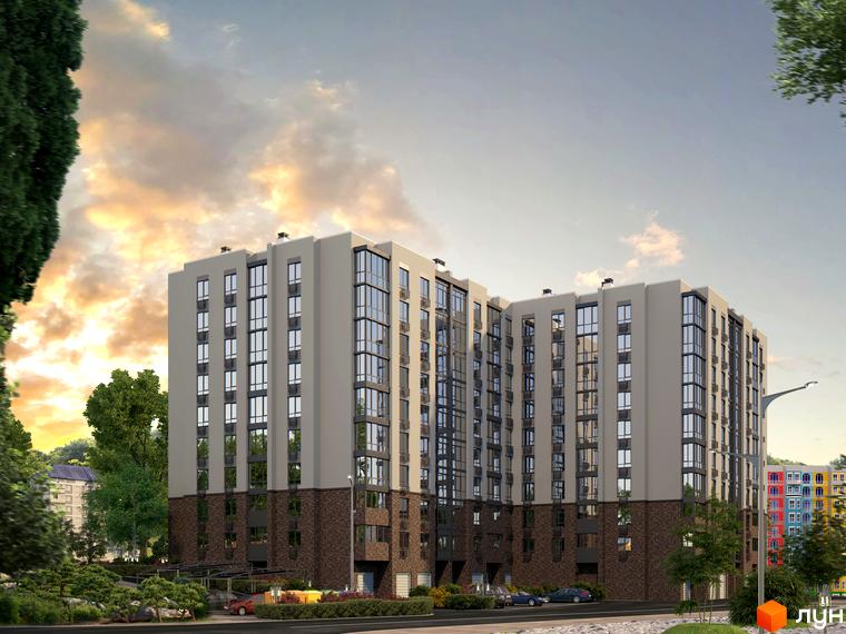 Житловий комплекс Sweet Home: багатоповерховий будинок світлого кольору з темною цегляною основою та великими вікнами. Перед ним зелені насадження та дорога.