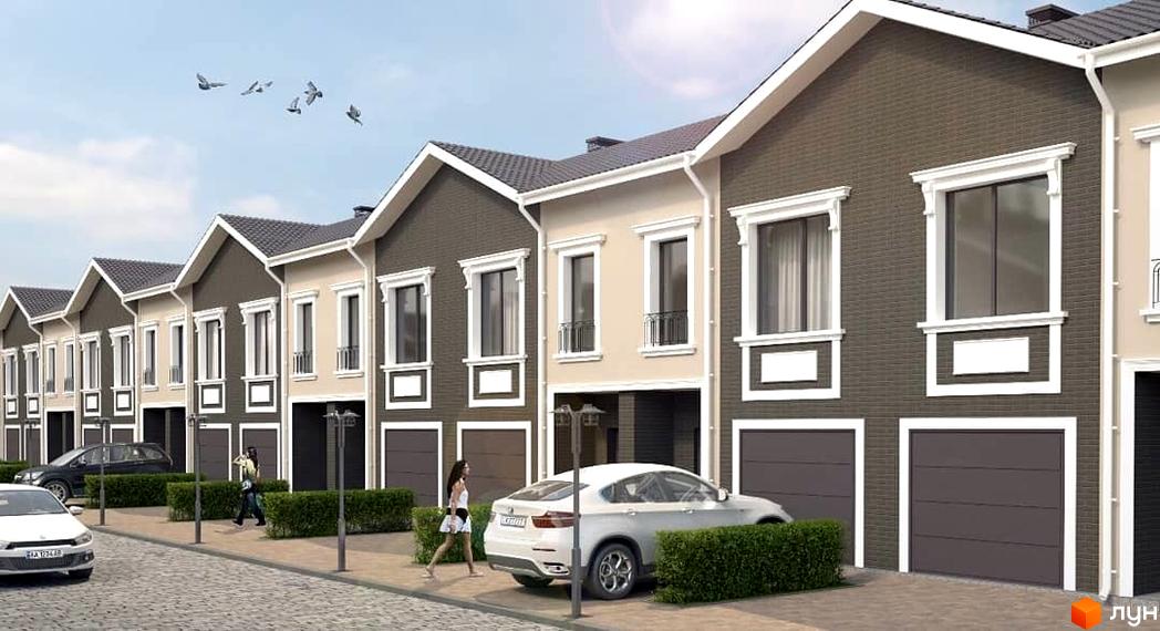 Таунхауси Eurovillage: ряд двоповерхових будинків з чергуванням темних та світлих фасадів, гаражами та доріжками з озелененням.