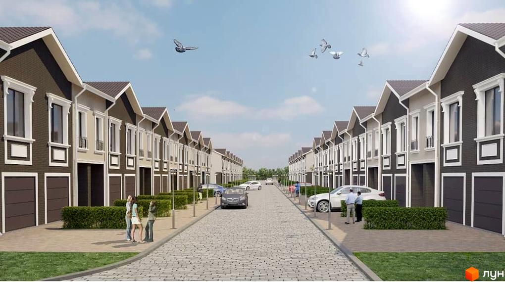 Таунхауси Eurovillage - двоповерхові будинки з гаражами та доглянутими газонами. На вулиці стоять автомобілі, а в небі летять голуби.