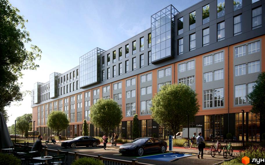 Апарт-готель Just Apartments з сірими та помаранчевими фасадами, скляними елементами та прибудинковою територією з деревами та парковкою.