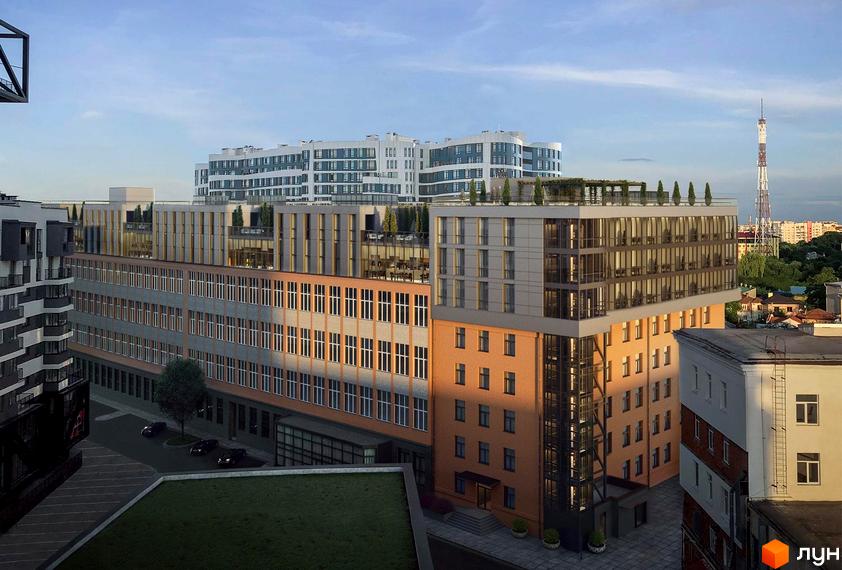 Апарт-готель Just Apartments. Комплекс будівель з комбінованими фасадами, великими вікнами та озелененими терасами на даху. Поруч дорога та дерева.