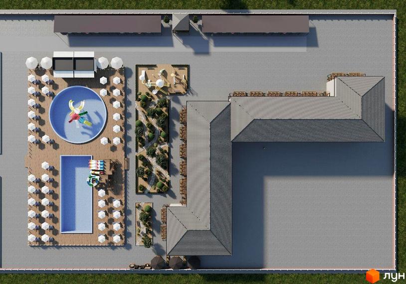 Житловий комплекс Хвиля з басейном, зонами відпочинку та дитячим майданчиком. Сучасний проєкт з продуманою прибудинковою територією.