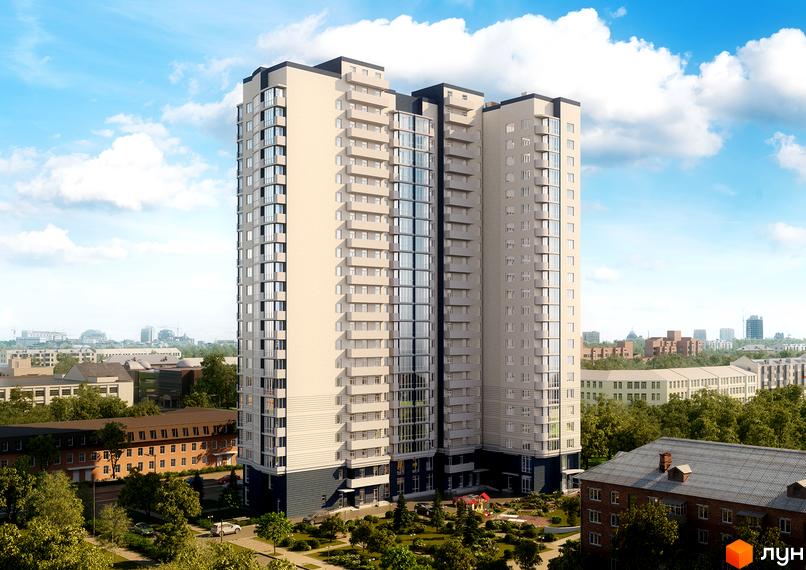 Зображення багатоповерхового будинку в Житловому комплексі Либідь. Навколо новобудови зелені насадження та прибудинкова територія.