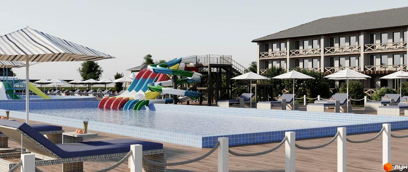 Житловий комплекс Хвиля з басейном та водними гірками. Відпочинок біля басейну з шезлонгами та парасолями.
