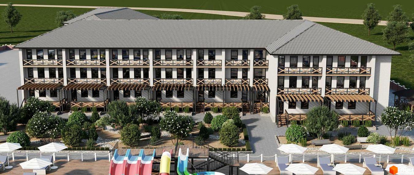 Зовнішній вигляд новобудови ЖК Хвиля з балконами та терасами, прибудинкова територія з басейном та дитячими гірками.